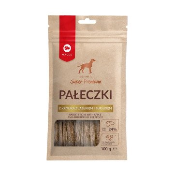 MACED Rabbit sticks with apple and addition of beetroot - Dog treat - 100g MACED Rabbit sticks with apple and addition of beetroot - Dog treat - 100g