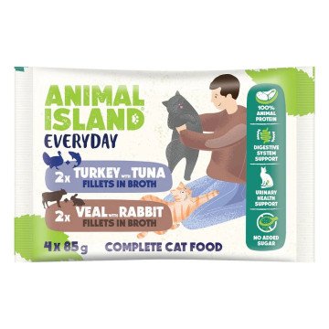 ANIMAL ISLAND Veal with rabbit and Turkey with tuna Fillets in broth - wet cat food - 4x85g ANIMAL ISLAND Veal with rabbit and Turkey with tuna Fillets in broth - wet cat food - 4x85g