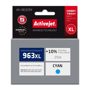 Activejet AH-963CRX Ink (replacement for HP 963XL 3JA27AE; Premium; 1760 pages; 25 ml, cyan) Activejet AH-963CRX Ink (replacement for HP 963XL 3JA27AE; Premium; 1760 pages; 25 ml, cyan)