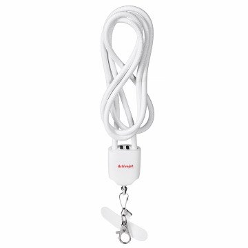 Activejet lanyard with 3-in-1 charging cable, white. Ends with various connectors: USB-C, Lightning adapter, USB-A Activejet lanyard with 3-in-1 charging cable, white. Ends with various connectors: USB-C, Lightning adapter, USB-A