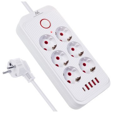 Maclean power strip, 6 socket extension + 4xUSB, 110-240V AC 50/60Hz, 2.1A max 2500W, 1.5 m, white, MCE389 W Maclean power strip, 6 socket extension + 4xUSB, 110-240V AC 50/60Hz, 2.1A max 2500W, 1.5 m, white, MCE389 W