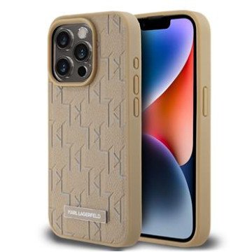Karl Lagerfeld PU Leather Monogram Metal Logo MagSafe Case for iPhone 14 Pro Max Beige