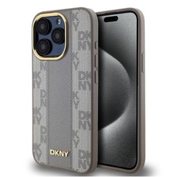DKNY PU Leather Checkered Pattern Magsafe Case for iPhone 15 Pro Beige