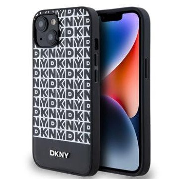 DKNY PU Leather Repeat Pattern Bottom Stripe MagSafe Case for iPhone 14 Black