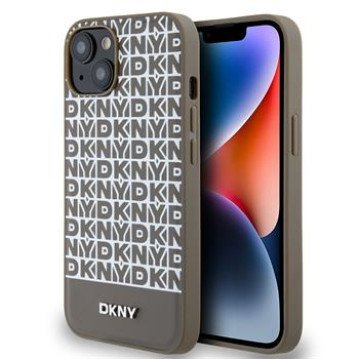 DKNY PU Leather Repeat Pattern Bottom Stripe MagSafe Case for iPhone 15 Brown