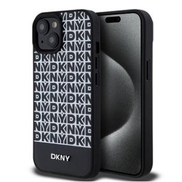 DKNY PU Leather Repeat Pattern Bottom Stripe MagSafe Case for iPhone 15 Black