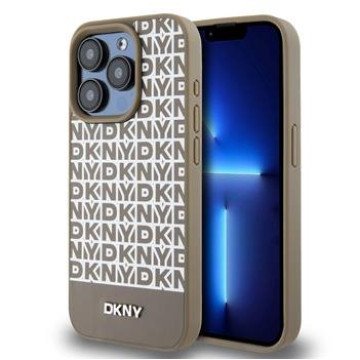 DKNY PU Leather Repeat Pattern Bottom Stripe MagSafe Case for iPhone 15 Pro Max Brown