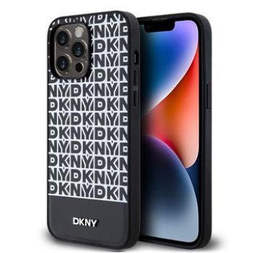 DKNY PU Leather Repeat Pattern Bottom Stripe MagSafe Case for iPhone 15 Pro Max Black