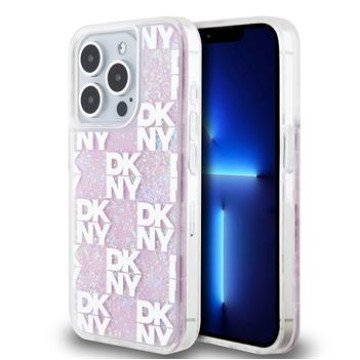 DKNY Liquid Glitter Checkered Pattern Case for iPhone 15 Pro Pink