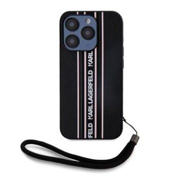 Karl Lagerfeld PU Saffiano Athleisure Stripe and Strap Case for iPhone 15 Pro Max Pink