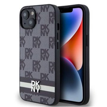 DKNY PU Leather Checkered Pattern and Stripe Case for iPhone 14 Black