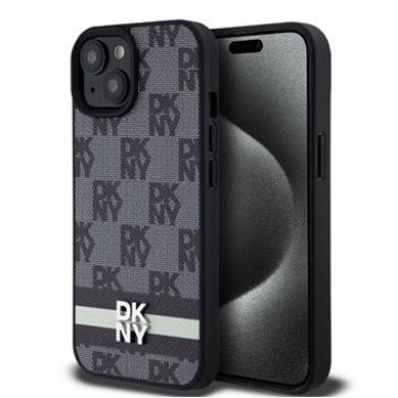 DKNY PU Leather Checkered Pattern and Stripe Case for iPhone 15 Black
