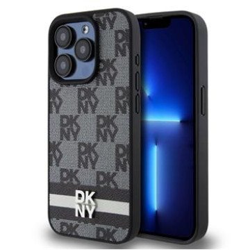 DKNY PU Leather Checkered Pattern and Stripe Case for iPhone 15 Pro Black