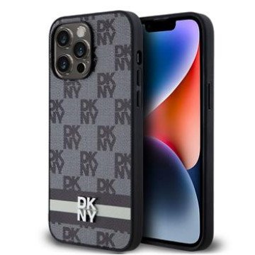 DKNY PU Leather Checkered Pattern and Stripe Case for iPhone 15 Pro Max Black