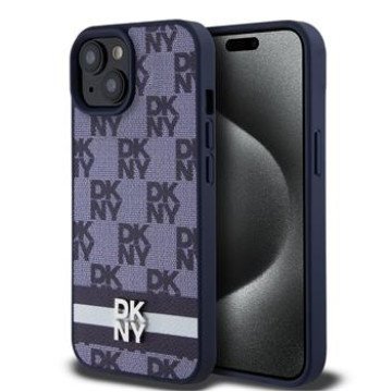DKNY PU Leather Checkered Pattern and Stripe Case for iPhone 15 Blue