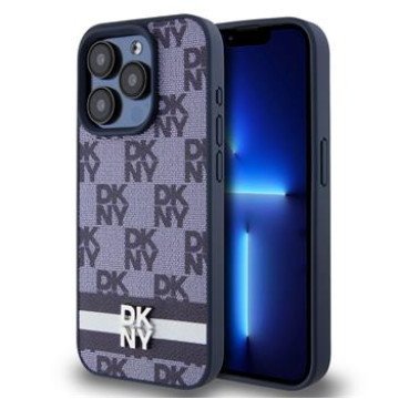 DKNY PU Leather Checkered Pattern and Stripe Case for iPhone 15 Pro Blue