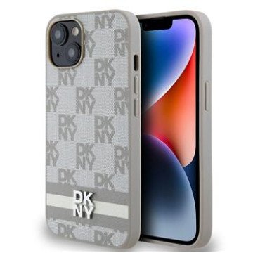 DKNY PU Leather Checkered Pattern and Stripe Case for iPhone 14 Beige