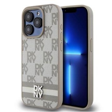 DKNY PU Leather Checkered Pattern and Stripe Case for iPhone 15 Pro Max Beige