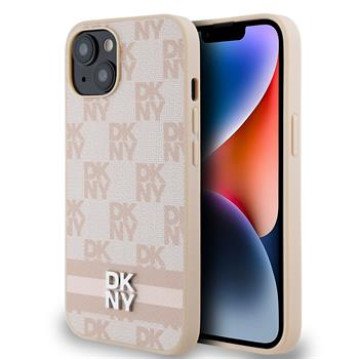 DKNY PU Leather Checkered Pattern and Stripe Case for iPhone 14 Pink