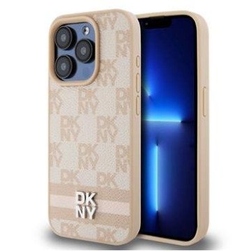 DKNY PU Leather Checkered Pattern and Stripe Case for iPhone 14 Pro Pink