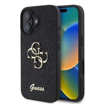 Guess PU Fixed Glitter 4G Metal Logo Case for iPhone 16 Black