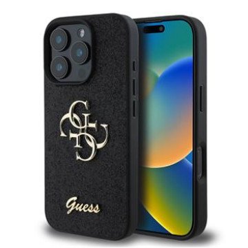 Guess PU Fixed Glitter 4G Metal Logo Case for iPhone 16 Pro Black