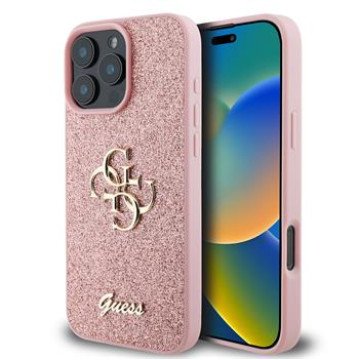 Guess PU Fixed Glitter 4G Metal Logo Case for iPhone 16 Pro Max Pink