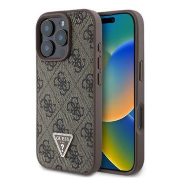 Guess PU 4G Strass Triangle Metal Logo Case for iPhone 16 Pro Brown