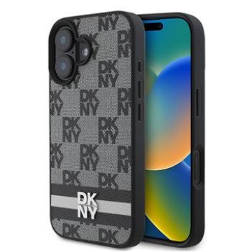 DKNY PU Leather Checkered Pattern and Stripe Case for iPhone 16 Black