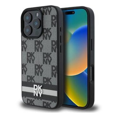 DKNY PU Leather Checkered Pattern and Stripe Case for iPhone 16 Pro Black