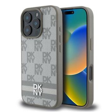DKNY PU Leather Checkered Pattern and Stripe Case for iPhone 16 Pro Beige
