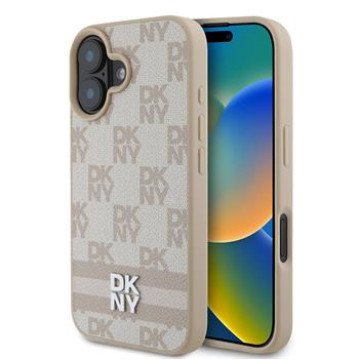 DKNY PU Leather Checkered Pattern and Stripe Case for iPhone 16 Pink