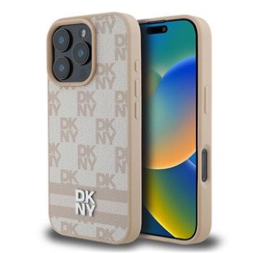 DKNY PU Leather Checkered Pattern and Stripe Case for iPhone 16 Pro Pink