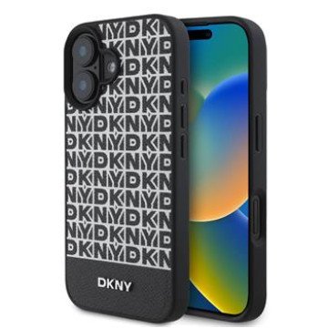 DKNY PU Leather Repeat Pattern Bottom Stripe MagSafe Case for iPhone 16 Plus Black