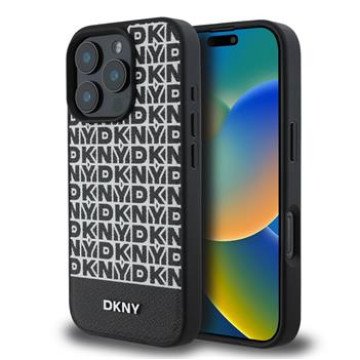 DKNY PU Leather Repeat Pattern Bottom Stripe MagSafe Case for iPhone 16 Pro Black
