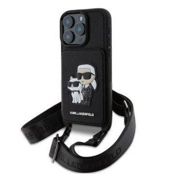 Karl Lagerfeld Saffiano Crossbody Strap Karl and Choupette Case for iPhone 16 Pro Black
