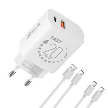OBAL:ME Wall Charger USB-A + USB-C 20W + 2x Cable 1m White OBAL:ME Wall Charger USB-A + USB-C 20W + 2x Cable 1m White