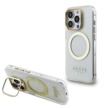 Guess IML Gold Outline Stand Camera Frame MagSafe Case for iPhone 15 Pro Transparent