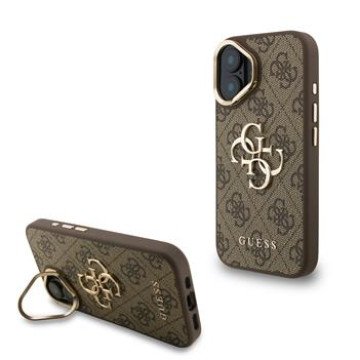 Guess PU 4G Metal Logo Stand Camera Frame Case for iPhone 16 Brown