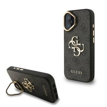 Guess PU 4G Metal Logo Stand Camera Frame Case for iPhone 16 Black