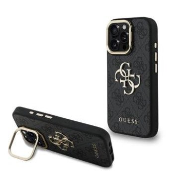 Guess PU 4G Metal Logo Stand Camera Frame Case for iPhone 16 Pro Black