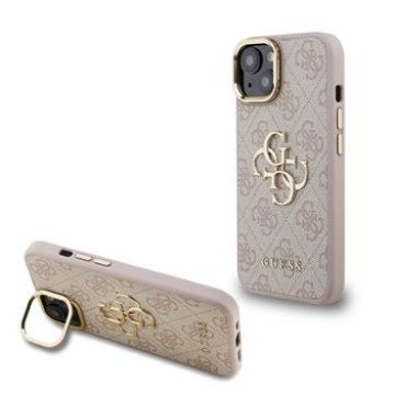 Guess PU 4G Metal Logo Stand Camera Frame Case for iPhone 15 Pink