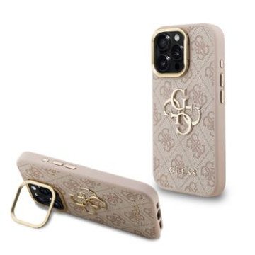 Guess PU 4G Metal Logo Stand Camera Frame Case for iPhone 15 Pro Pink