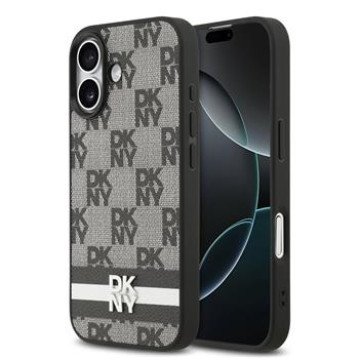 DKNY PU Leather Checkered Pattern and Stripe Case for iPhone 17 Black