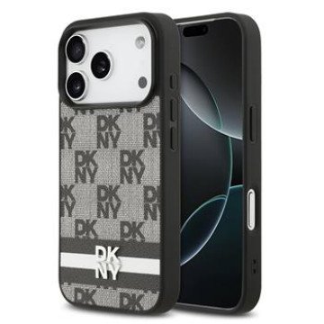 DKNY PU Leather Checkered Pattern and Stripe Case for iPhone 17 Pro Black