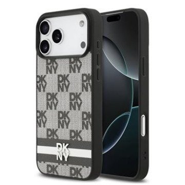DKNY PU Leather Checkered Pattern and Stripe Case for iPhone 17 Pro Max Black