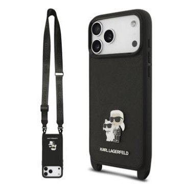 Karl Lagerfeld Saffiano Crossbody Strap Metal Karl and Choupette Case for iPhone 17 Pro Black