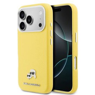Karl Lagerfeld PU Karl and Choupette Heads Pins MagSafe Case for iPhone 17 Pro Yellow