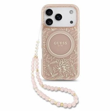 Guess IML Flowers Allover Strap MagSafe Case for iPhone 18 Pro Pink