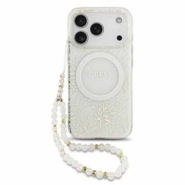 Guess IML Flowers Allover Strap MagSafe Case for iPhone 18 Pro White